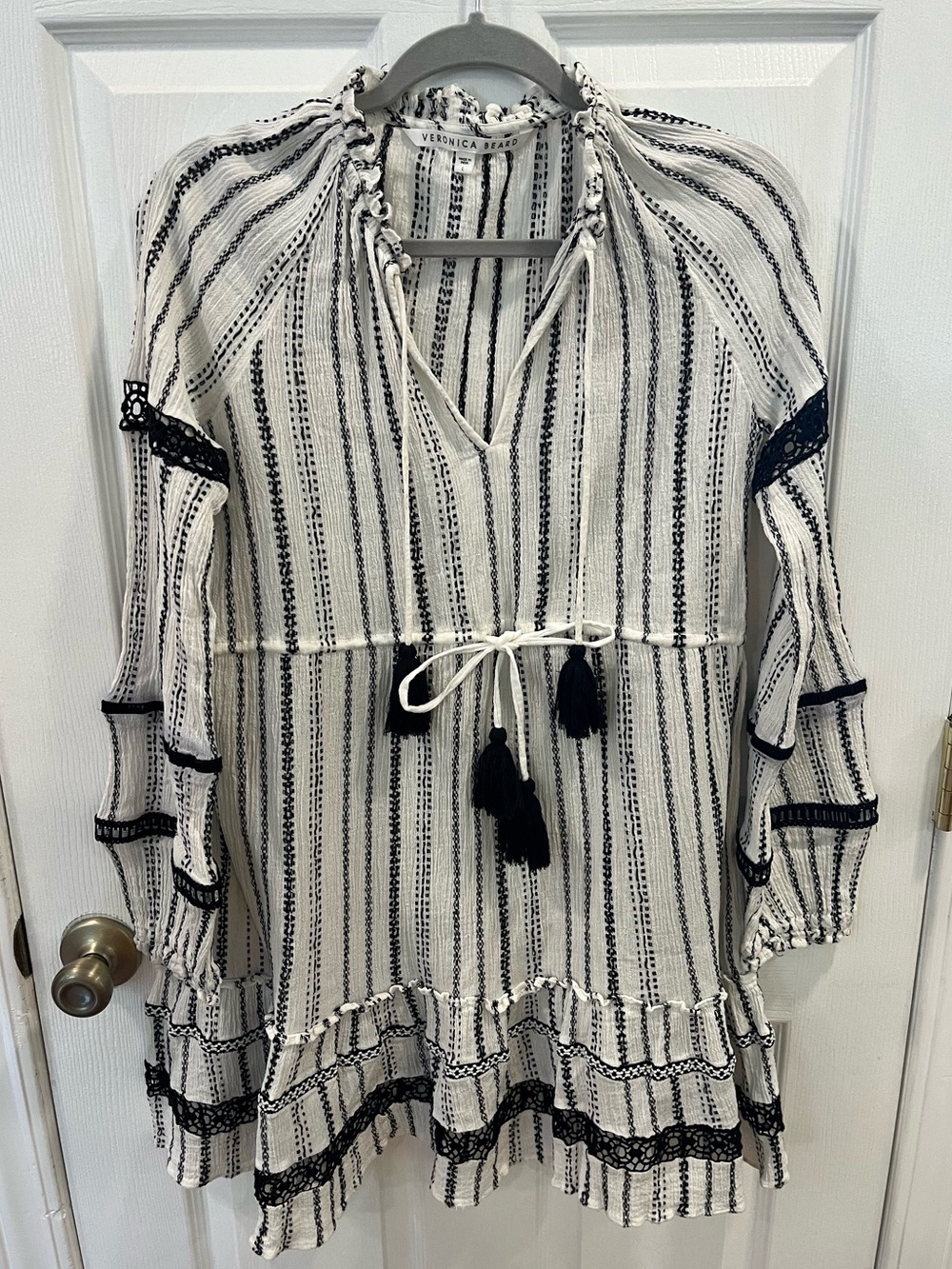 Veronica Beard Danica Boho Tassel Stripe Long Sleeve Mini Dress/Cover-Up Size L